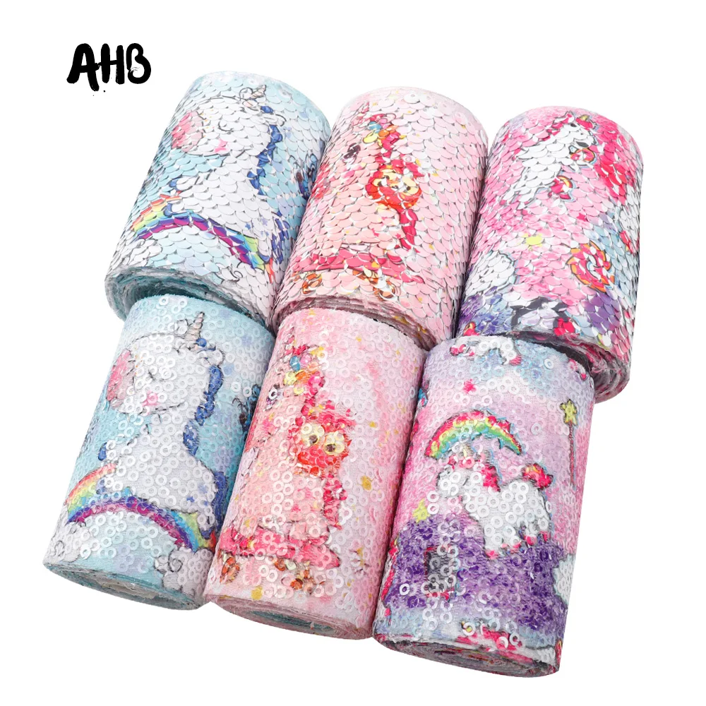 Ribbon Polyester Sequin Cute Unicorn Printed DIY Hair Bows Decoration Accessories Children Birthday Party Decorations 75mm 2Y | Дом и сад
