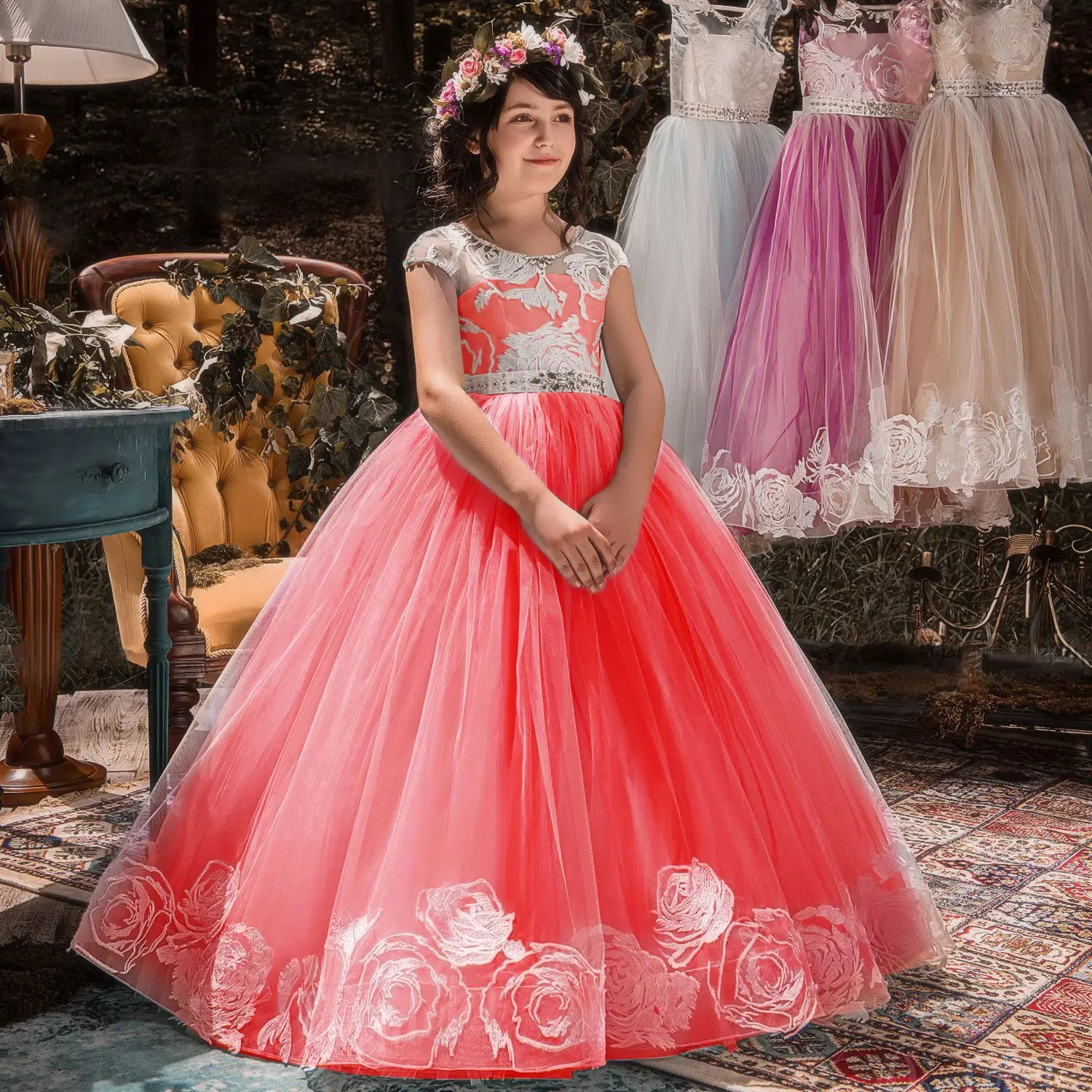 2019 Girls Wedding Princess Dresses Ball Gown Flower Girl Teenager Birthday Party Long Dress Kids Costume Children's Clothing | Детская