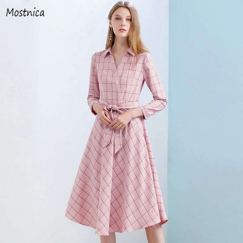 Mostnica Spring England Pink Formal Plaid Shirt Dress for Office Lady Cotton Streewear Striped Robe Dresses with Pocket and Belt | Женская