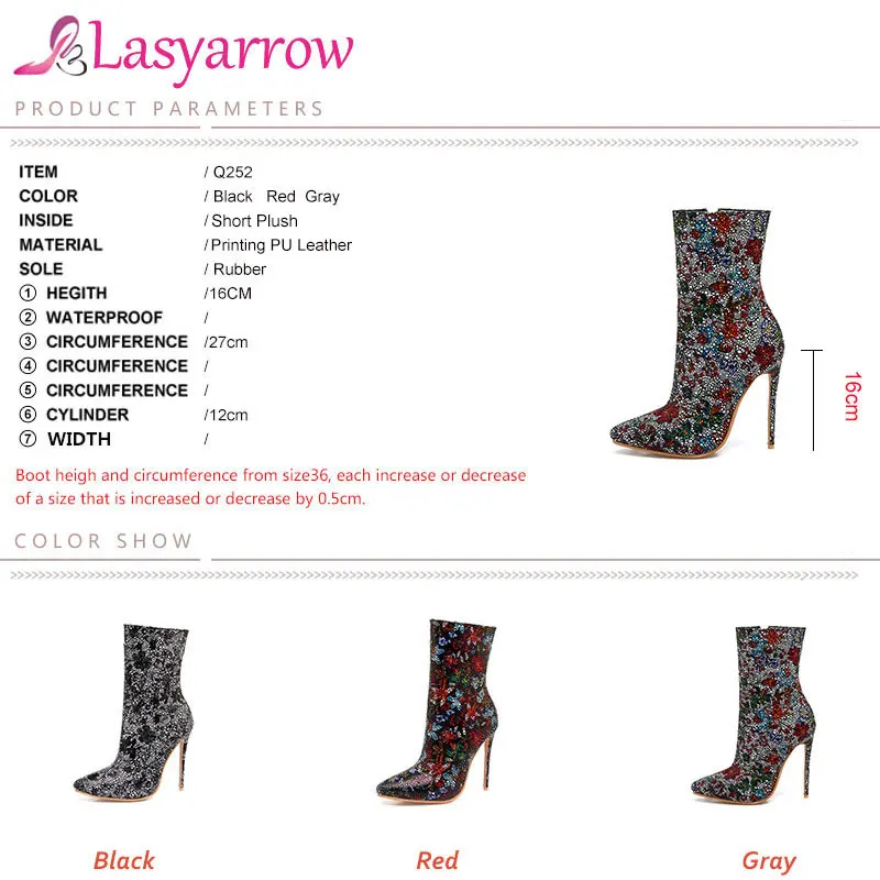 Lasyarrow пикантные узкие сапоги до середины икры, Для женщин черный красный принт цветочный сапоги на шпильках туфли на высоком каблуке; Botas Feminina; сезон осень-зима большие Размеры 48 Q252