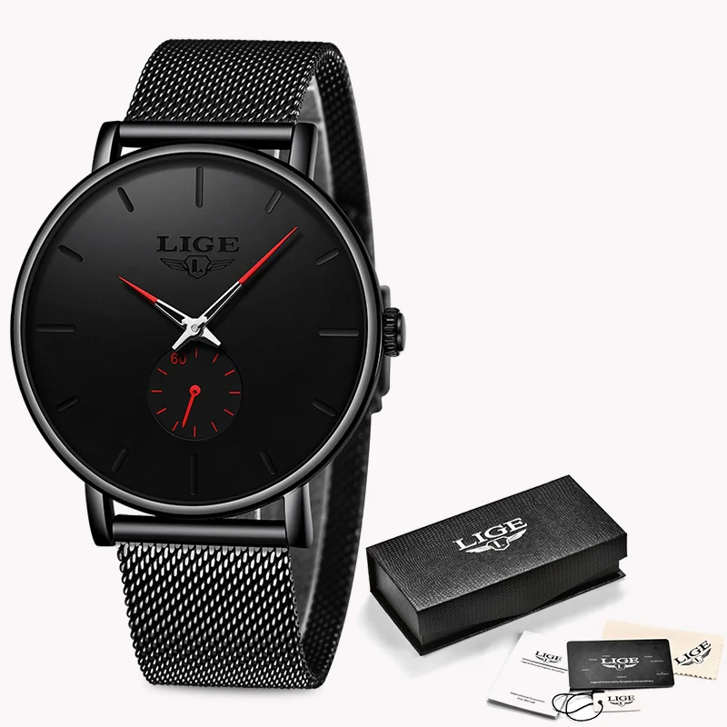 Black red LIGE новые модные спортивные для мужчин s часы лучший бренд класса люкс водостойкий Простой ультра-тонкий часы для мужчин кварцевые наручные часы Masculino - Цвет: Black red
