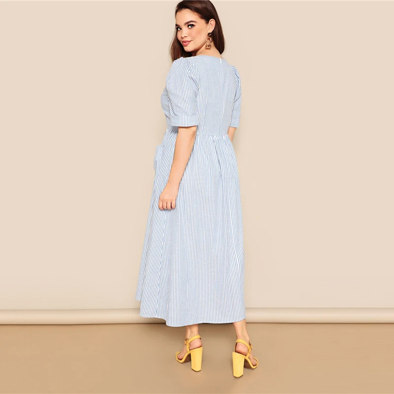 SHEIN, платье размера плюс, синее, с карманом, с заплатками, на пуговицах, в полоску, с карманом,, женское летнее повседневное Цельнокройное расклешенное платье с квадратным вырезом