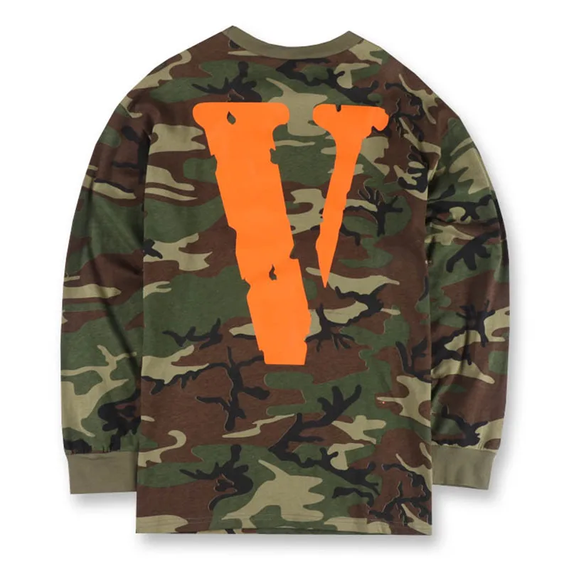 Мужские Vlone Друзья Письмо V Печати Камуфляж Футболки С Длинным Рукавом Армии