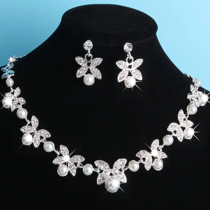 Women Lady Necklace Earrings Kit Crystal Pearl Beads Butterflies Party Wedding Bridal Jewelry Set Gift M8694 | Украшения и