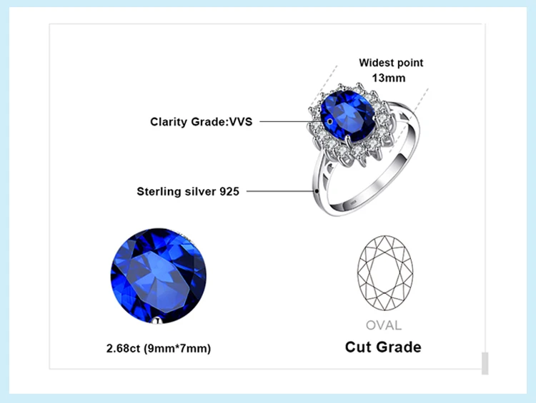Jewelrypalace Принцесса Диана 3.2ct создан синий сапфир обручальные кольца кольцо серебро 925 мужские кольца кольцо женское