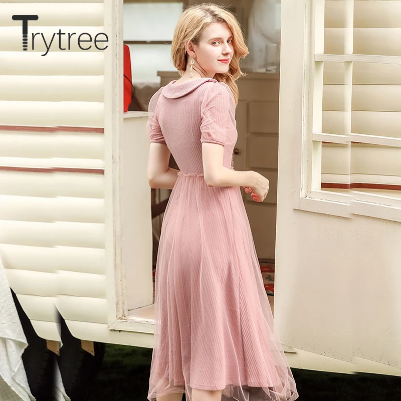 Женское Сетчатое платье рубашка Trytree повседневное офисное до середины икры с