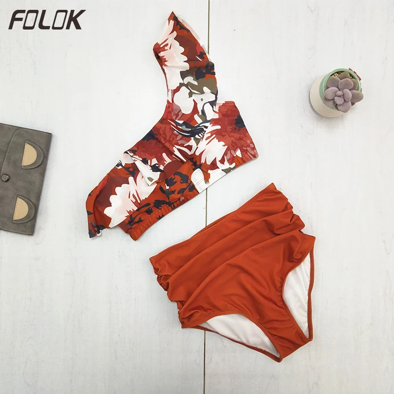 Женский купальник на одно плечо бикини с оборками пуш-ап высокой талией