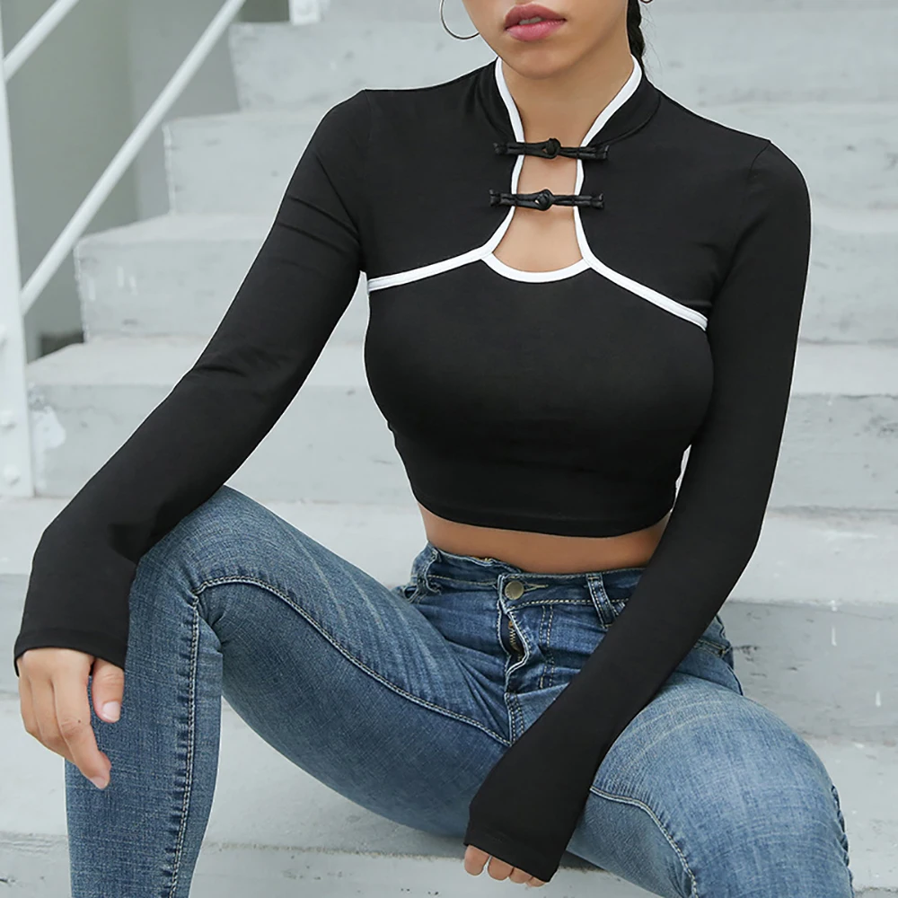 Женская короткая футболка в китайском стиле с высоким воротником и пряжкой