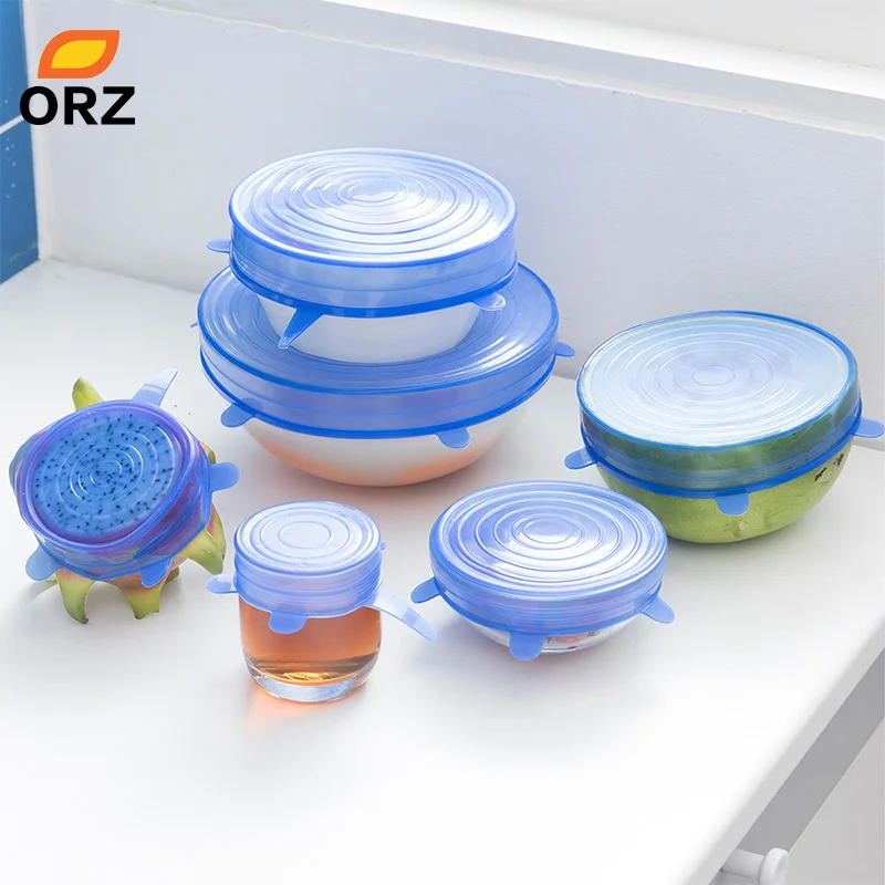 ORZ кухонные многоразовые крышки для хранения продуктов, силиконовые эластичные крышки, Саран обертывание, продукты, свежие, кухонные крышки, аксессуары-6 шт. в упаковке
