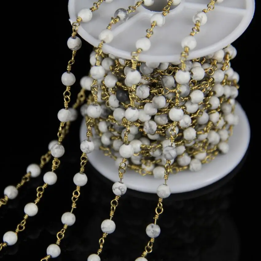 

5 Meters of Frosted Natural White Tur quoise Howlite Beads,4mm,Wire Wrapped Golden Links Rosary Chains