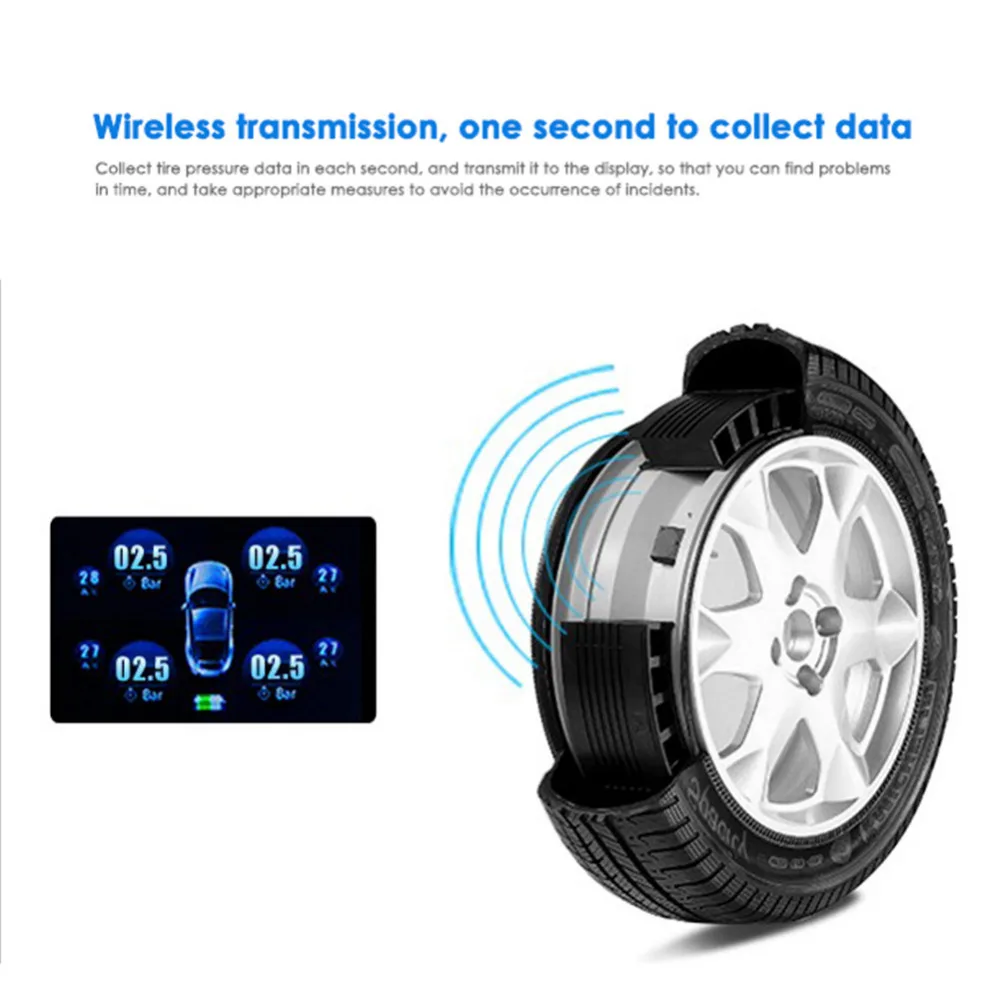 Универсальная система контроля давления в автомобильных шинах TPMS, ЖК-дисплей, солнечная энергия, 4 внешних датчика, система автоматической сигнализации