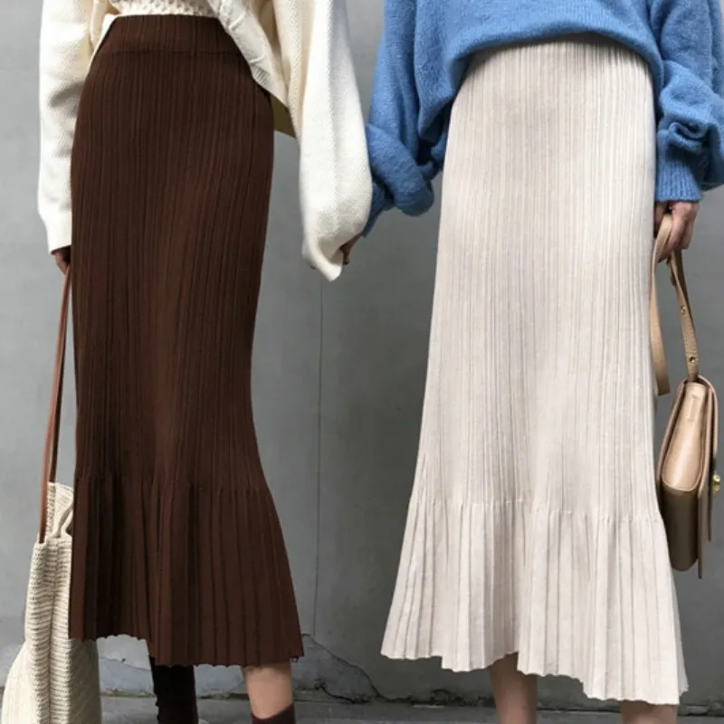 

Korean Women Autumn Bodycon High Elastic Waist Pleated Long Pencil Skirt Female Mermaid Knitted Midi Skirts Jupe Longue Femme