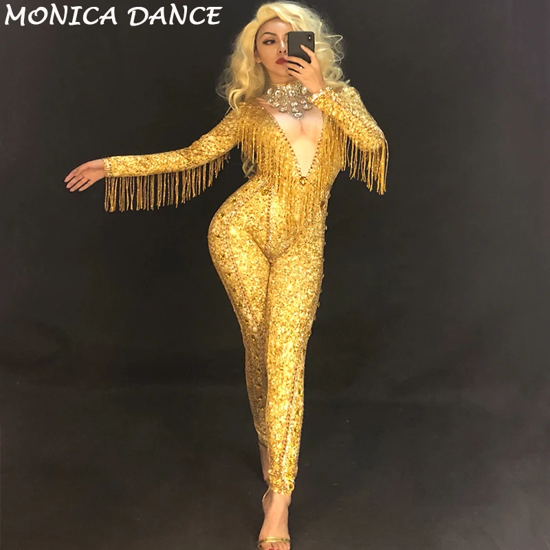 Sexy Bodysuit Female Singer Rhinestones Sparkly Gold Stones Tassel Jumpsuit Evening Stage Wear Women's Birthday Celebrate Outfit
