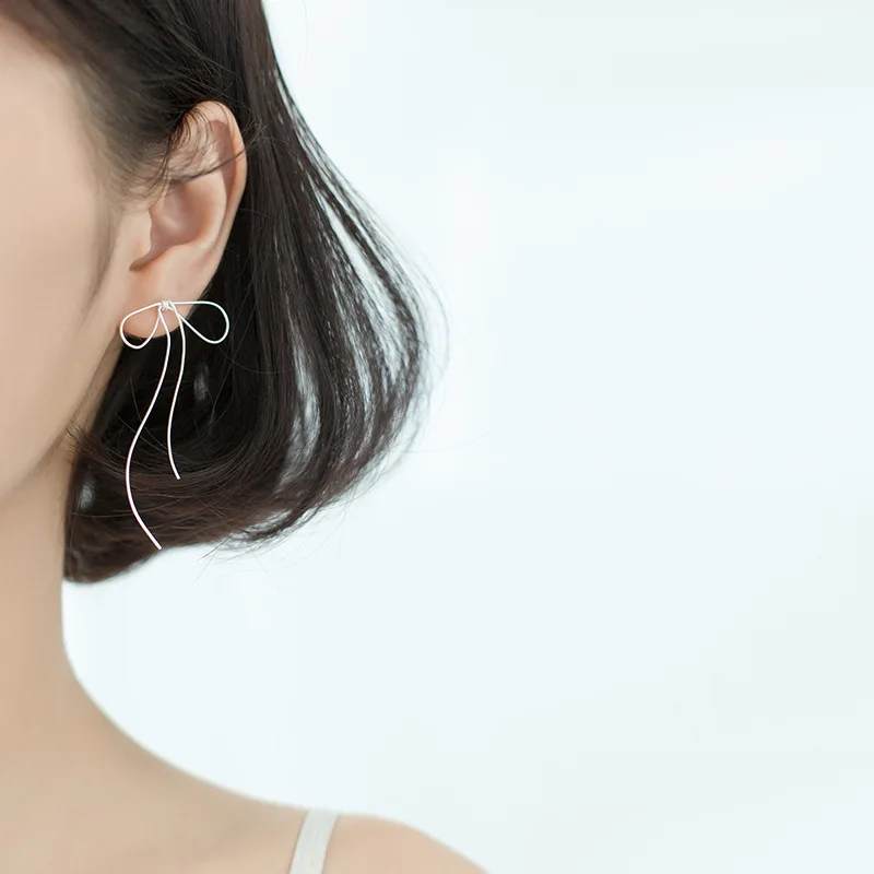 New 925 Sterling Silver Openwork Bow Temperament Girl Heart Line Stud Earrings For Women Hypoallergenic Fashion Gift | Украшения и