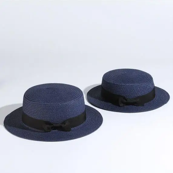 Navy blue Лето родитель-ребенок пляж шляпа женский Повседневное полями Леди бренд Для женщин без каблука бант края Соломенная шляпка glris шляпа от солнца - Цвет: Navy blue