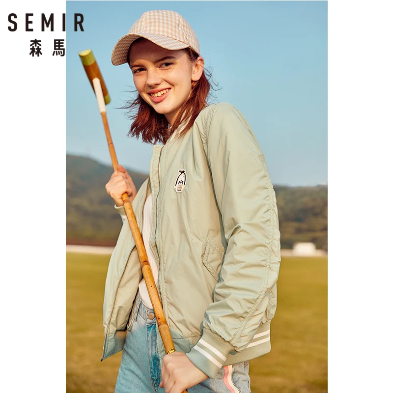 SEMIR Женская вышитая бейсбольная куртка на молнии с драпированными рукавами Спортивная куртка с карманом с контрастной отделкой ребристые манжеты и подол