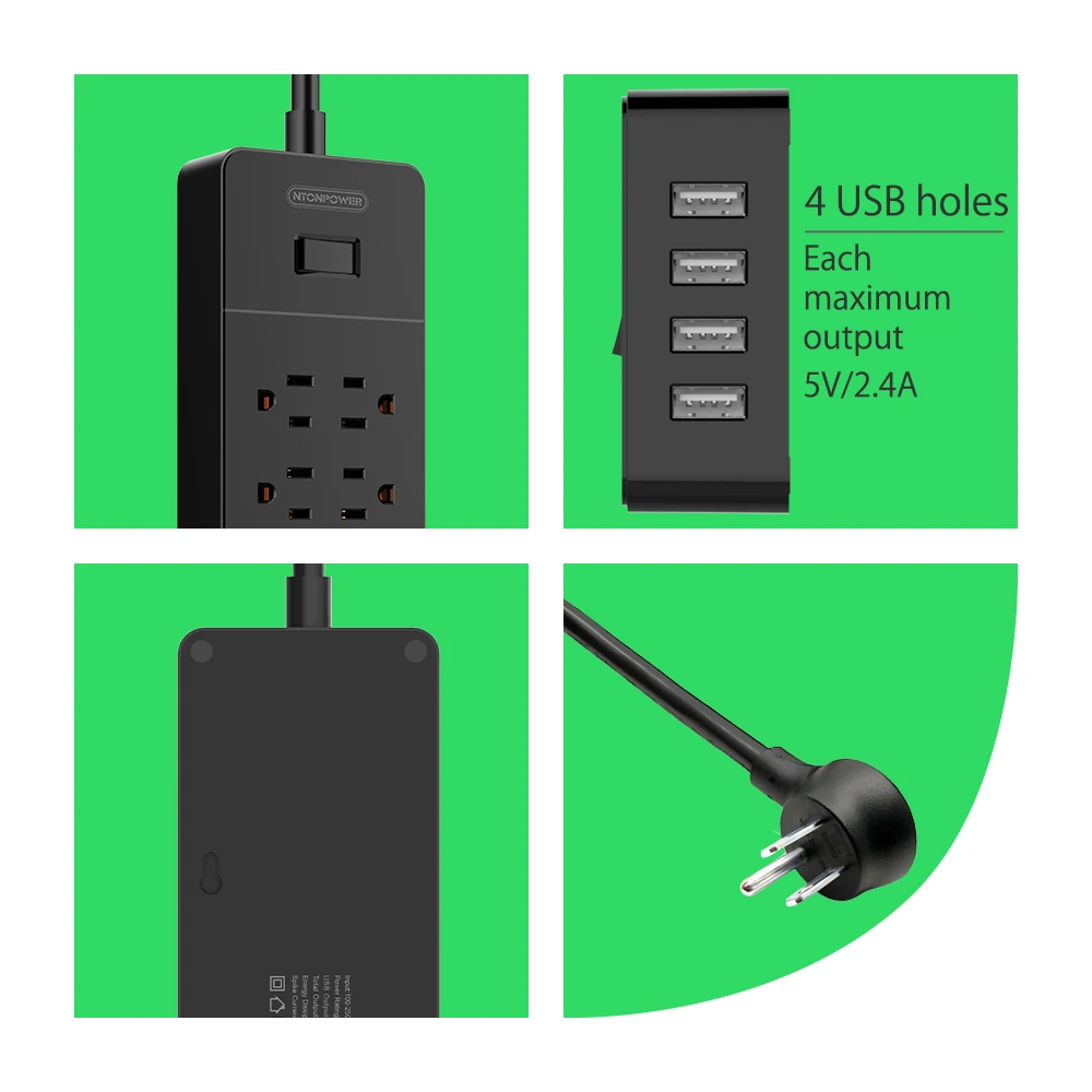 NTON Защита от перенапряжения питания семейная силовая полоса 8 AC 4 USB зарядная станция с подвесным слотом для установки в США электрическая вилка для офиса