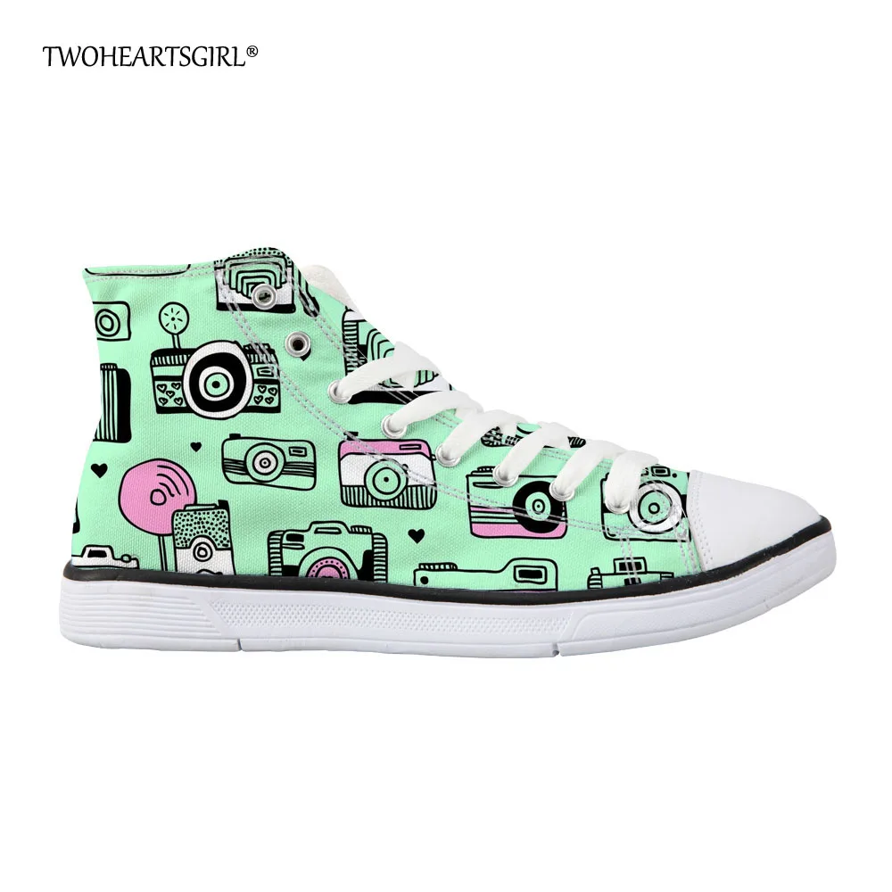 

Twoheartsgirl Green Camera Pattern High Top Canvas Shoes for Women Casual Lace Up Vulcanize Shoes Hip Hop Walking Shoes Plus