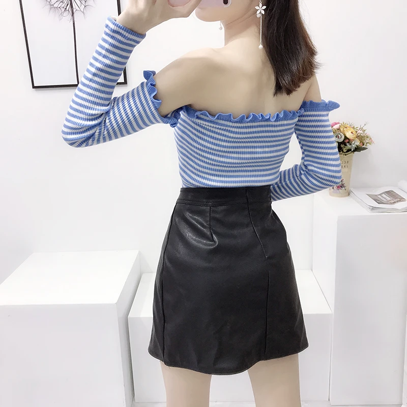 ALPHALMODA Pullovers Off-shoulder Sexy Striped Sweater Long-sleeved Slim Fit Ladies All-match Spring Casual Crop Jumper | Женская одежда