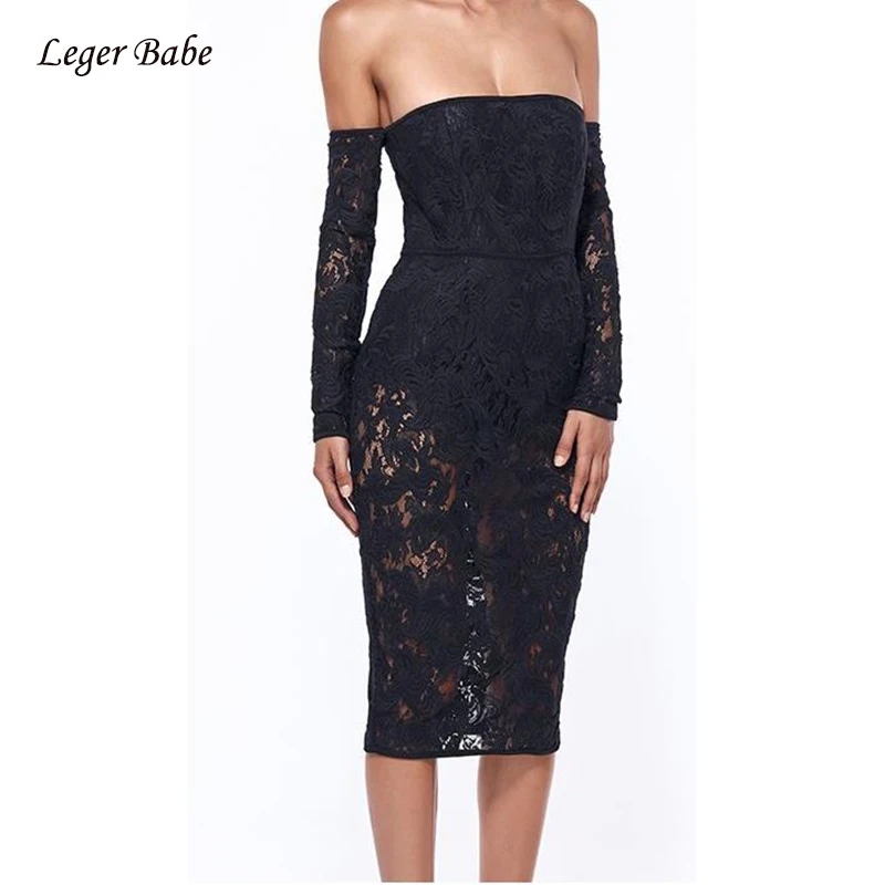 Leger Babe элегантное кружевное Бандажное платье с длинным рукавом вырезом лодочкой