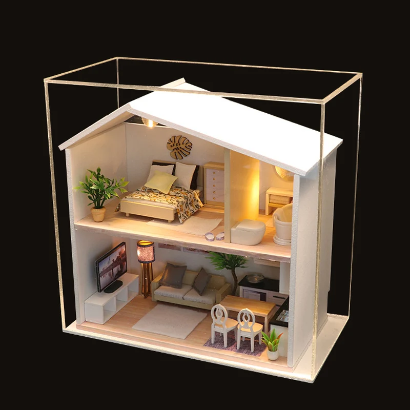 With dust cover Деревянный ручной работы миниатюры для кукольного домика мебель Miniaturas кукольный домик наборы DIY кукольный домик головоломки игрушки для детей подарок на день рождения - Цвет: With dust cover
