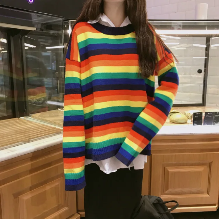 Women's Clothing Cute Kawaii Loose Colorblock Striped Rainbow Sweater Lady Harajuku Ulzzang Sweaters For Women Pullover Knitted | Женская