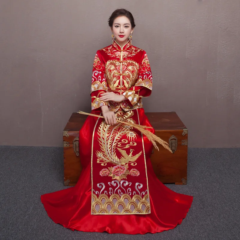 Red Bride Wedding Qipao Chinese Dress Retro Toast Clothing Dragon and Phoenix Gown Happy Marriage Clothes | Тематическая одежда и