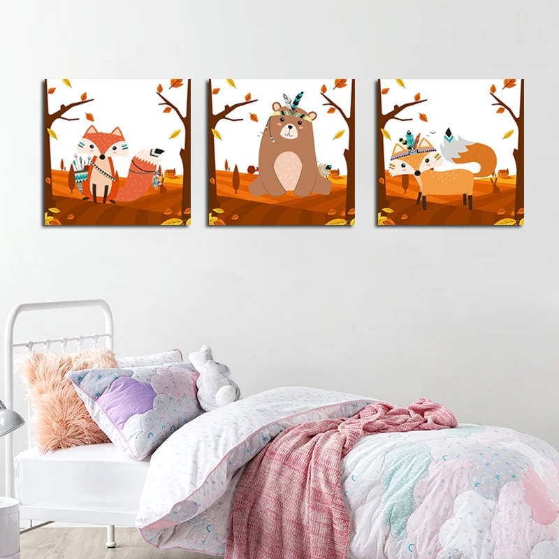 Spray Color Autumn Indian Animals Bear Deer Posters Prints Nordic Kids Room Wall Pictures Home Decorative Canvas Painting | Дом и сад