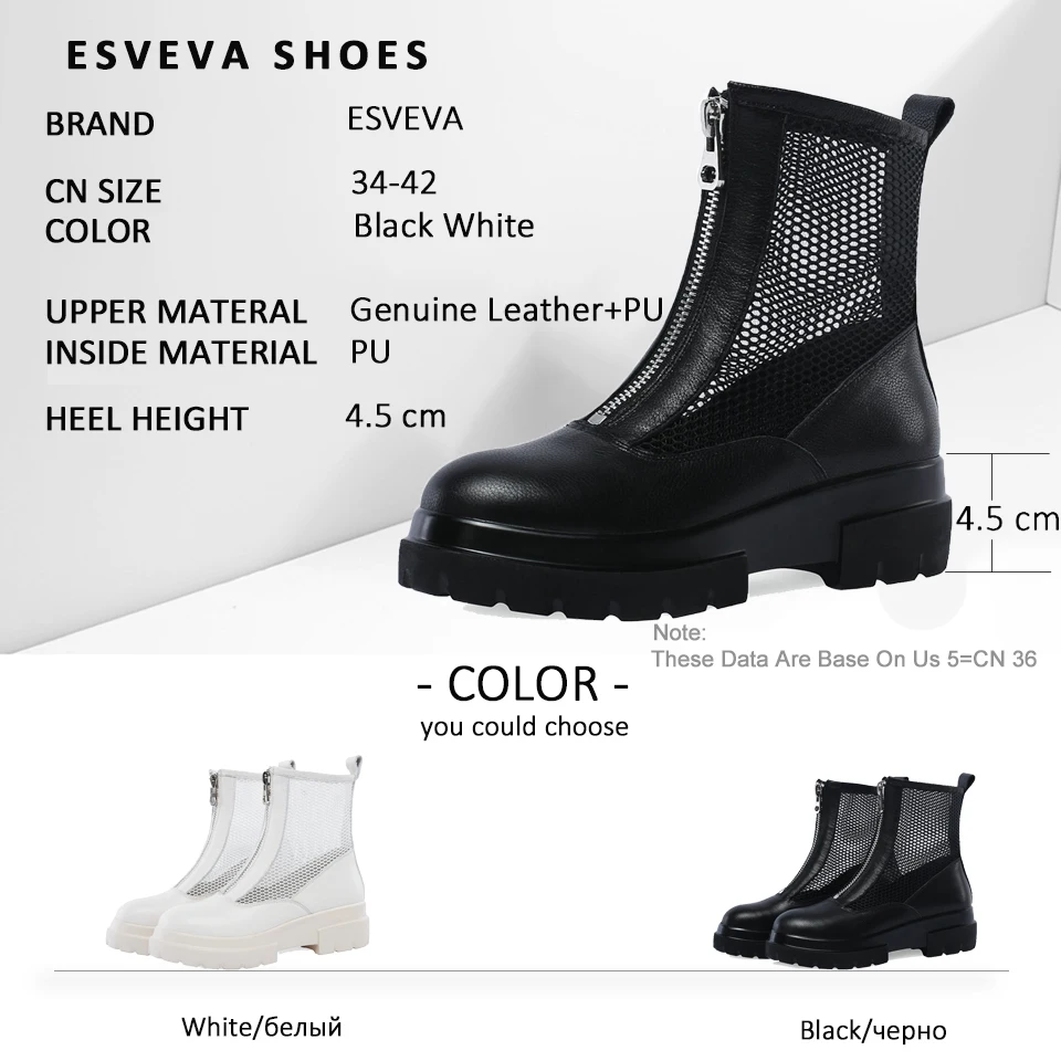 

ESVEVA 2019 Zipper Women Shoes Round Toe Med Heels Ankle Boots Summer Shoes Hollowing Out Spring Autumn Woman Boots Size 34-42
