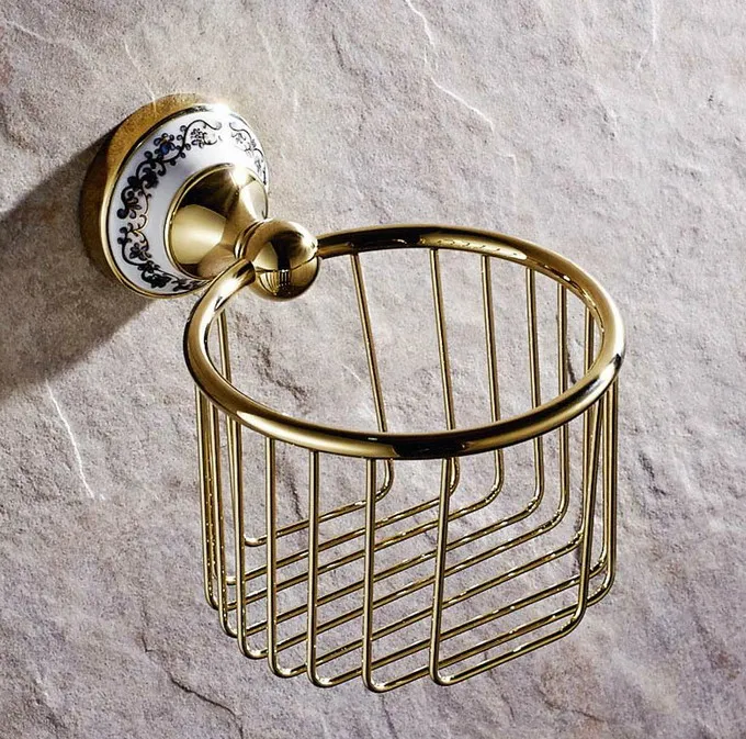 Luxury Gold Color Brass Ceramic Flower Base Wall Mounted Bathroom Toilet Paper Roll Basket Holder Accessory mba257 | Обустройство