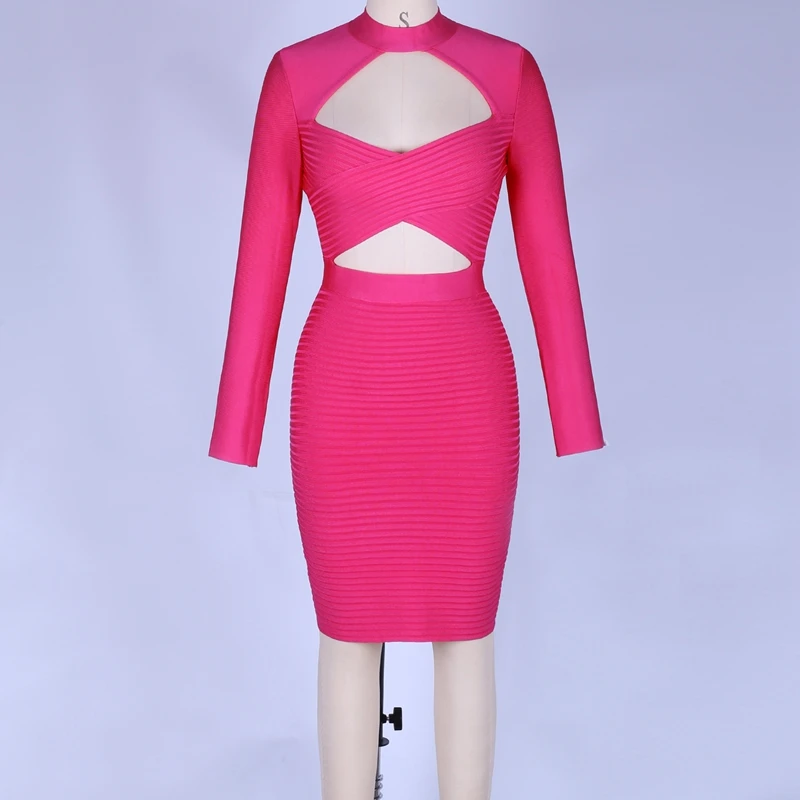 Ocstrade, Vestidos, Бандажное платье,, женское, новое, модное, ярко-розовое, Бандажное платье, сексуальное, с вырезами, Клубные, вечерние, с длинным рукавом, облегающее платье