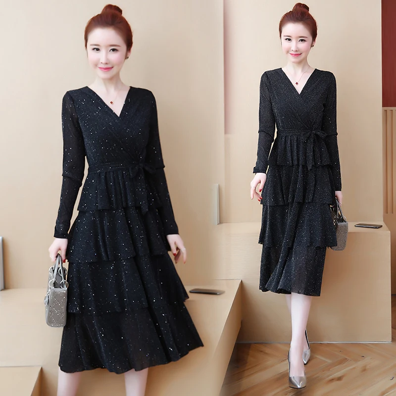 Женское шифоновое платье с V-образным вырезом длинное однотонное винтажное