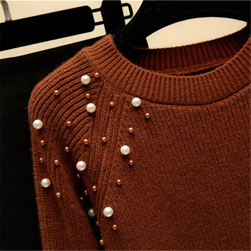Beading Soft Women Fall Fashion All Match Solid Knitted Sweater Pullover 2019 New Winter Long Sleeve O-Neck Female Pull Femme | Женская