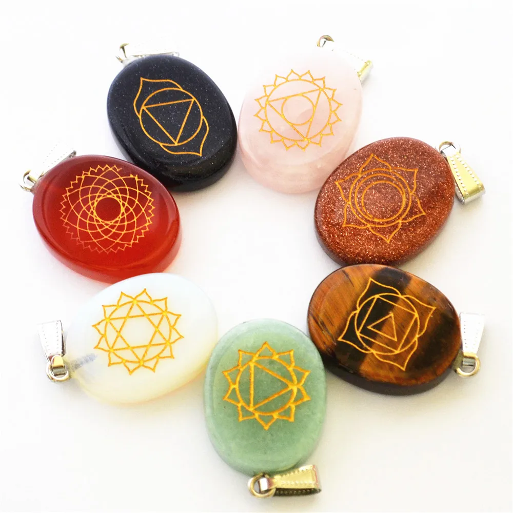 Натуральные гравированные камни подвески чакры опал Кристалл овальной формы