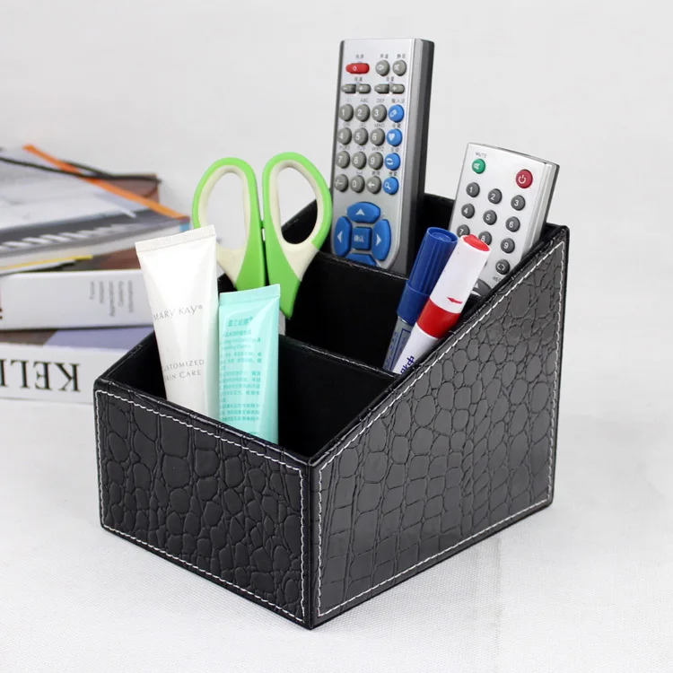

3-slot stylish home office wood synthetic leather desk sundries makeup remote controller stationery storage box case holder 254C