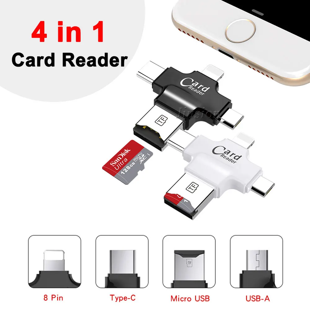 Кардридер Mini с несколькими портами SD 8 Pin/Type C/Lightning/Micro USB портативный для
