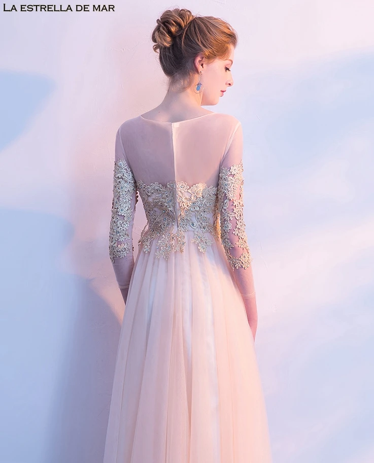 

Champagne Gold Bridesmaid Dress Long Scoop Neck Lace Tulle 3/4 Sleeve A Line robe fille d'honneur vestido invitada boda