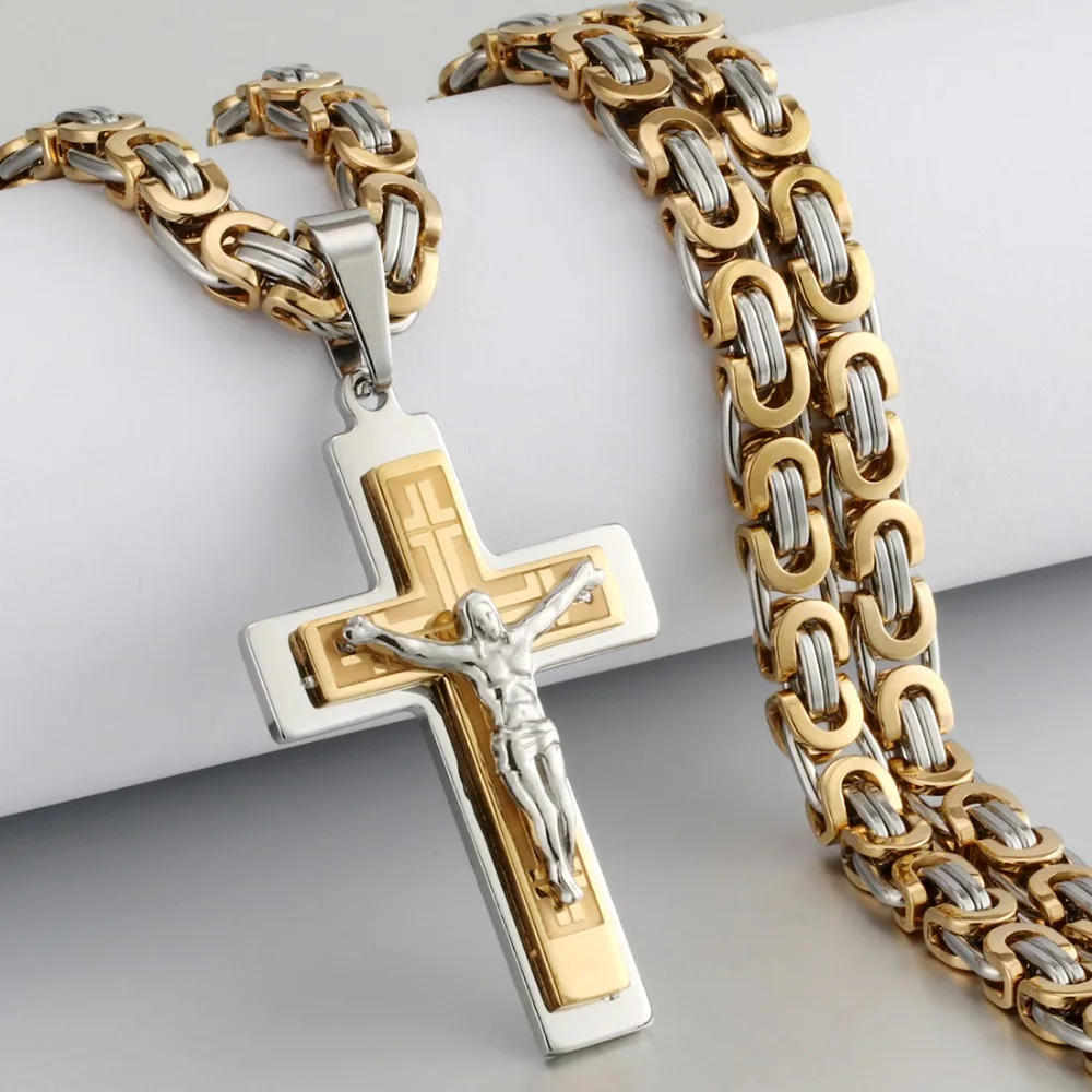 Men's Stainless Steel Jesus Christ Holy Crucifix Cross Pendants Necklaces Catholic Long Chain Necklaces Boys Gifts Jewelry NC011