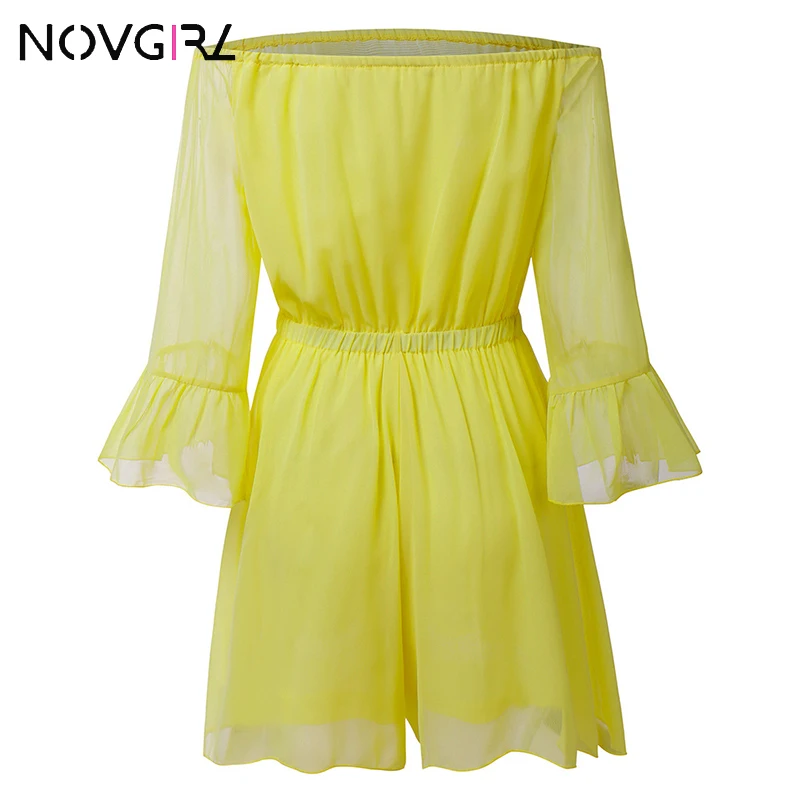 Novgirl Sexy Off Shoulder Chiffion Playsuit Rompers Women 2019 Summer Flare Sleeve Slim Waist Wide Leg Jumpsuit Yellow Overalls | Женская