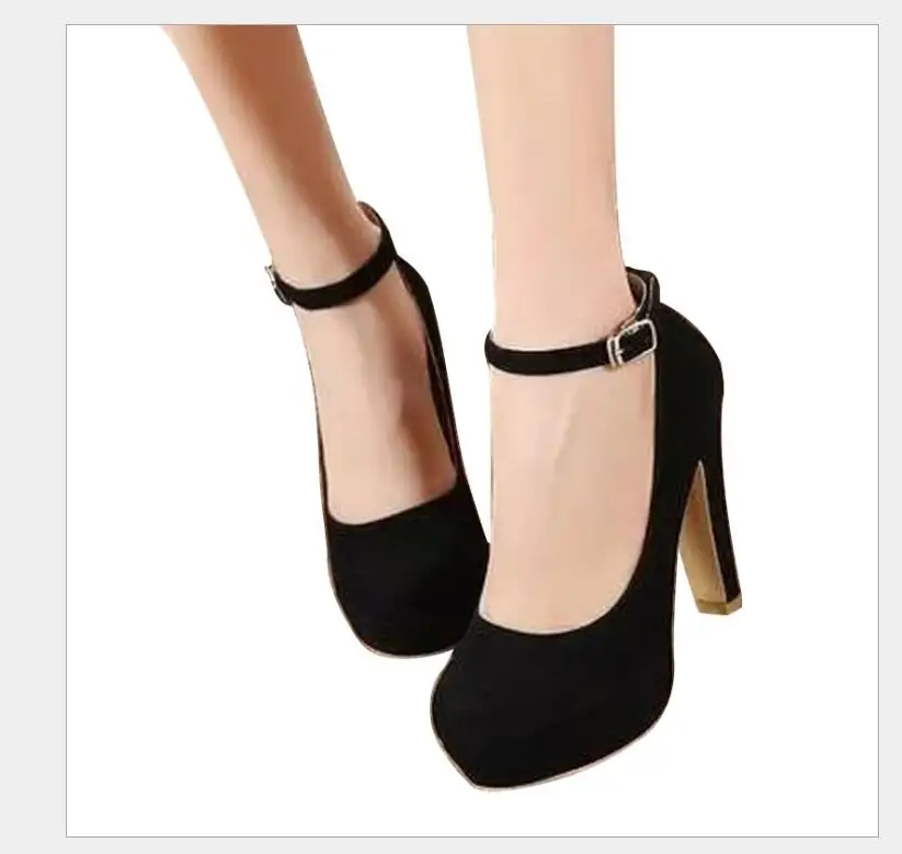2019 women's pumps fashion party wedding chunky heels with shallow mouth round head Solid color velvety buckle shoes for women | Обувь