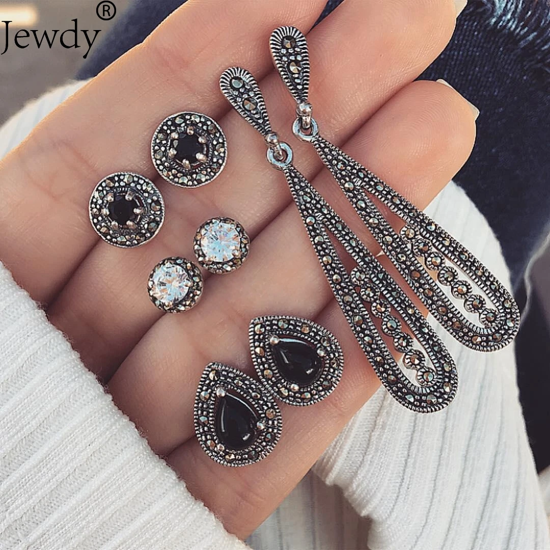 

Jewdy 4 Pairs Hot Sale Crystal Bohemian Earring Vintage Water Drop Earrings for Women Jewelry Dazzling Dangle Earrings set
