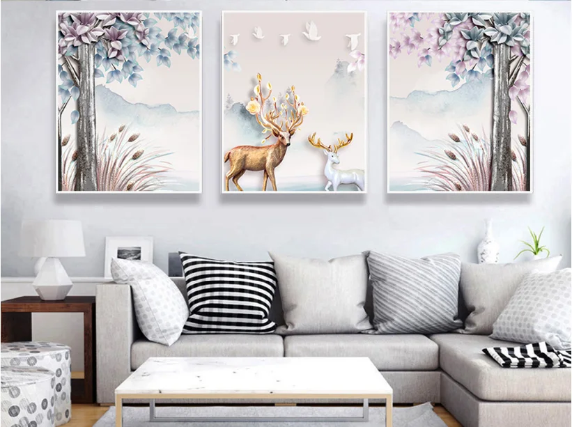 

Modern simple spray paintings painted on canvas Mediterranean elk small clean Nordic decorative paintings 3 pieces Unframed