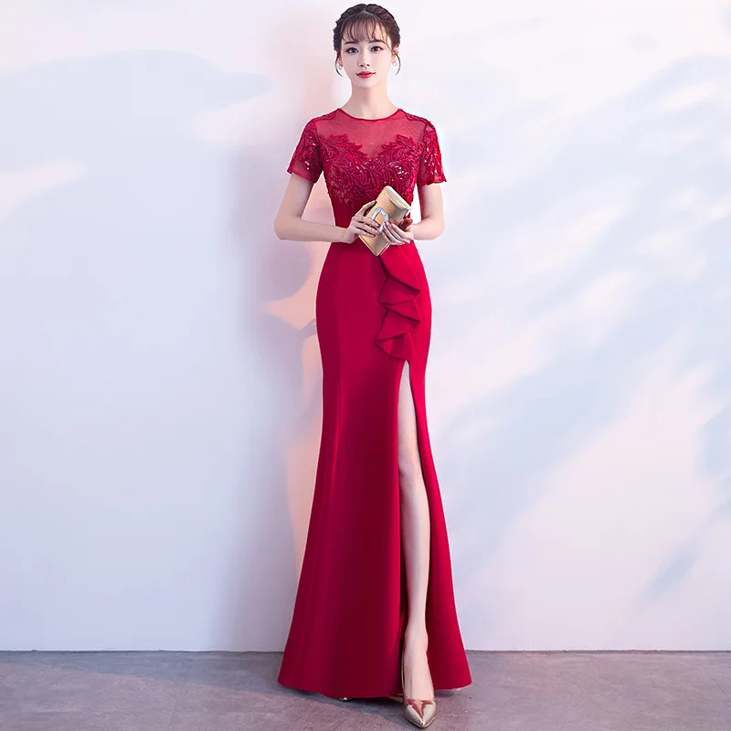 

Облегающее платье-Ципао бордового цвета, пикантное длинное вечернее платье, праздничные платья, традиционное китайское традиционное женск...