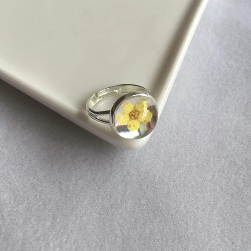yellow Anique серебряные кольца с высушенными цветами, круглые стеклянные Регулируемые кольца с цветком сливы, Летний стиль, ручная работа, высушенные цветочные украшения в подарок - Цвет основного камня: yellow