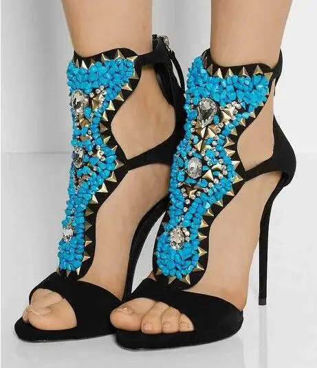 

Big Size 10 High Heel Turquoise Sandal Peep Toe Black Suede stilettos Heel Back Zip Sandals Peep Toe Women Dress Shoes