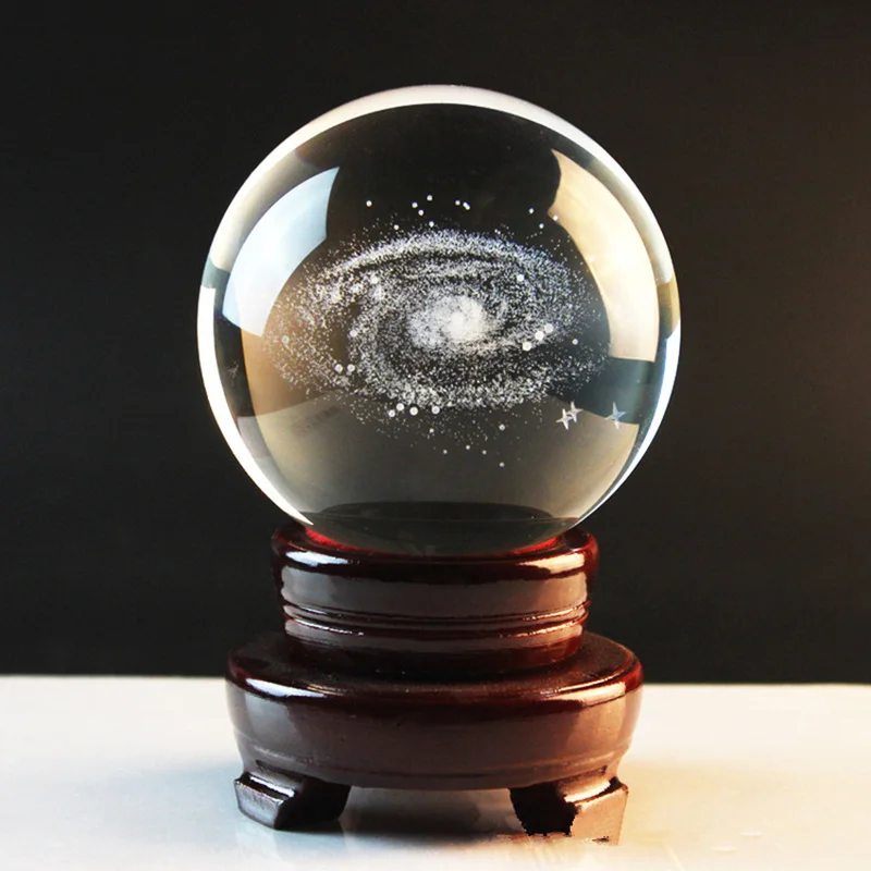With Wood Base 60/80 мм 3D лазерной гравировкой Galaxy хрустальный шар Миниатюрная модель с украшением в виде кристаллов ремесло Стекло подставку для настольного тенниса для Декор для дома подарок Прямая - Цвет: With Wood Base