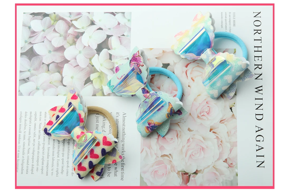 1 PC Child Hair Bow Tie Elastic Hair Band Glitter Hairbow Rope Rainbow Sequin Sparkly 3 Inch Bows Mermaid Girls Sweet Headwear