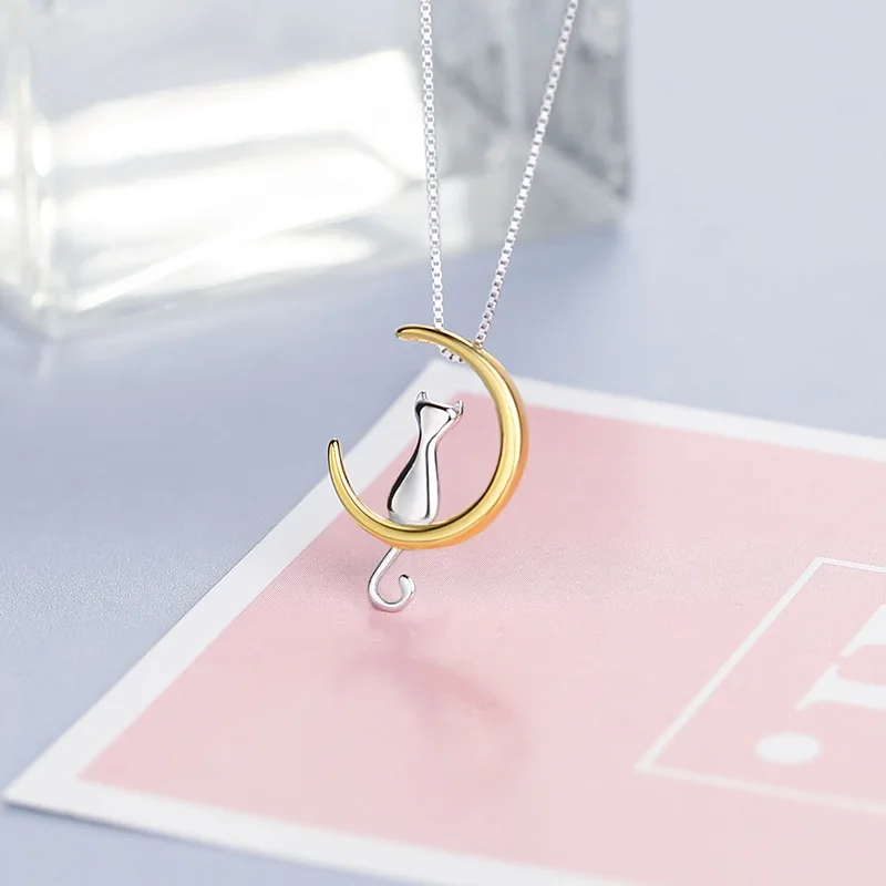 Цепочка с подвеской в виде кота и Луны из серебра 925 пробы|jewelry pendant|cat pendantfine jewelry |