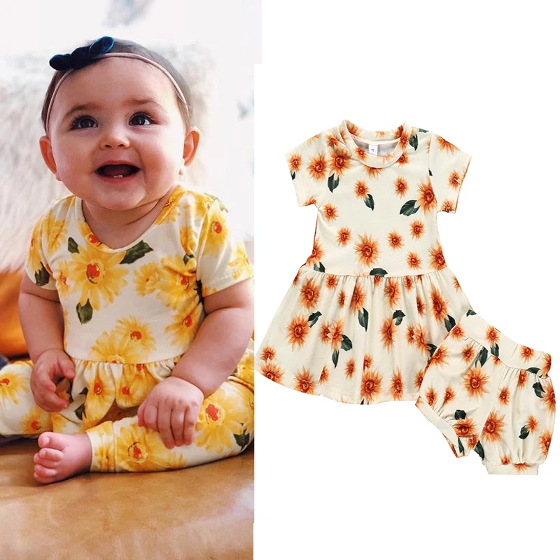 Baby Girl Clothes Set Summer Sunflower Dress+Shorts Two-piece Toddler Infant Girls Clothing Sets Floral Newborn Outfit 2pcs | Детская