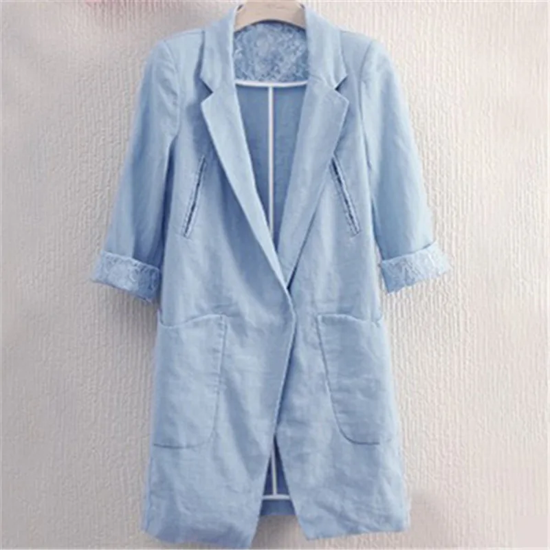 Блейзер Женский тонкий из хлопка и льна с рукавом средней длины на весну лето